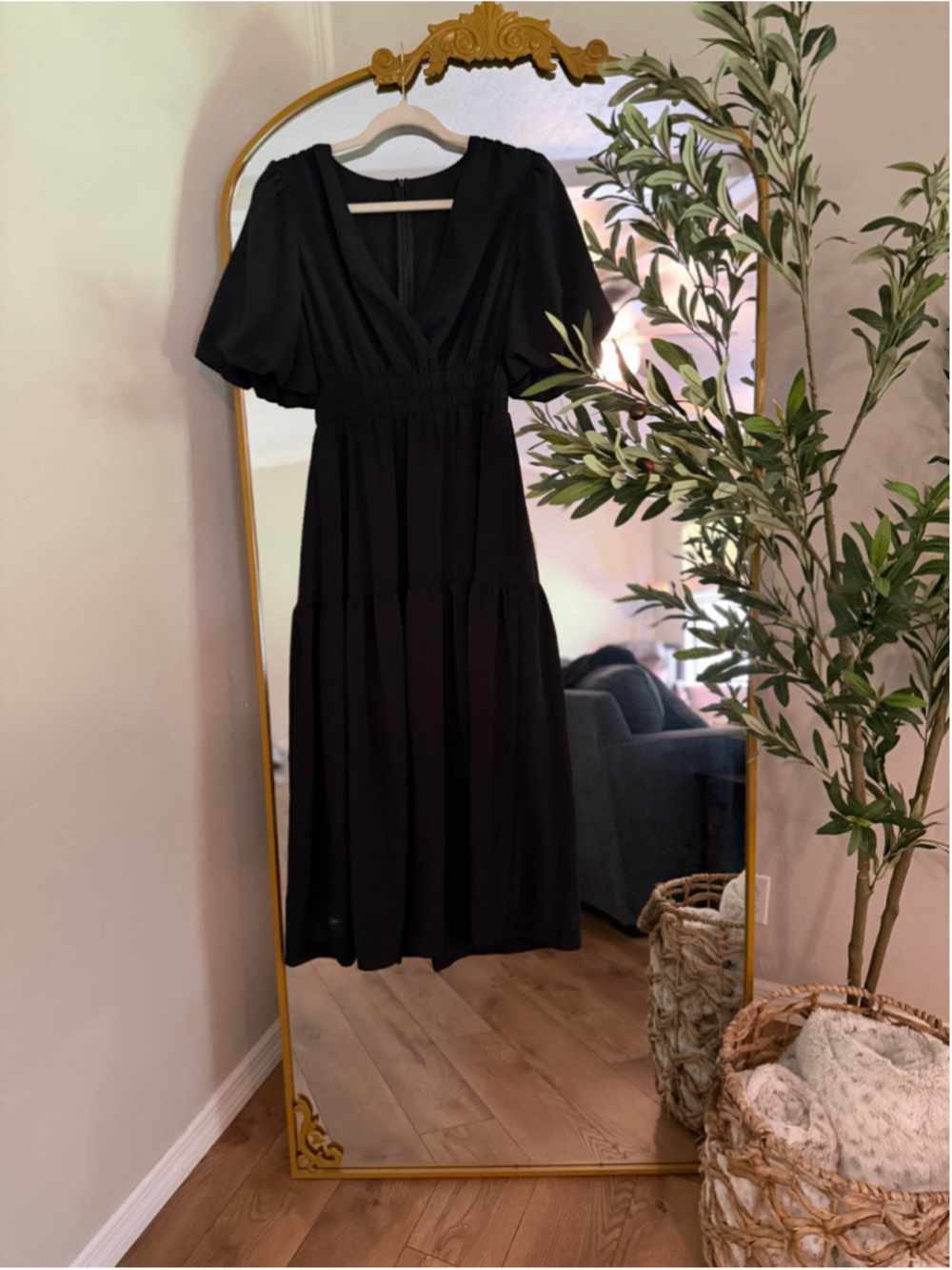 NEW Short Puffy Sleeve V Neck A-Line Flowy Wrap Wedding Guest Lined Dress S - Picture 5 of 11